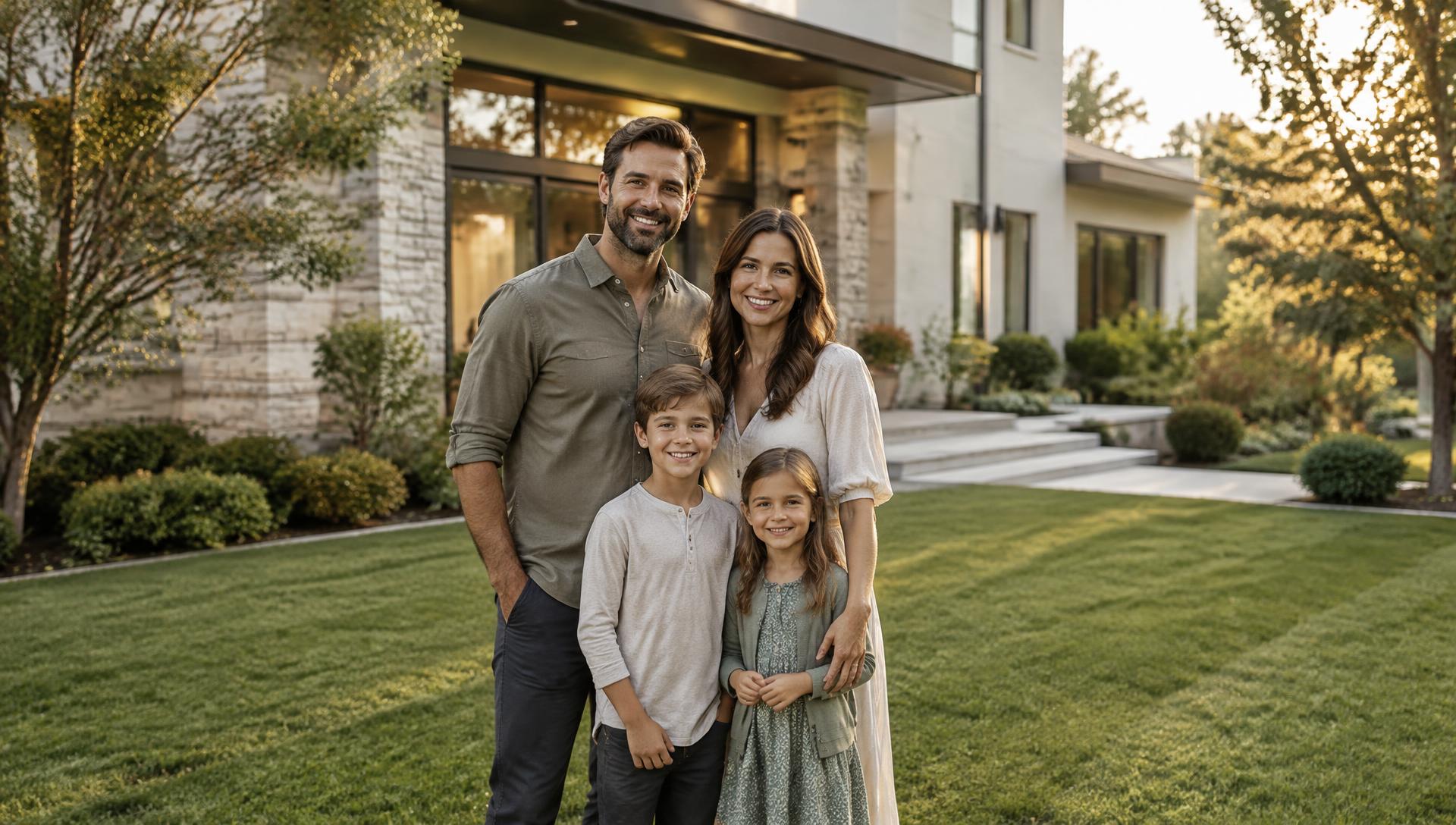Família feliz em frente à sua nova residência contemporânea